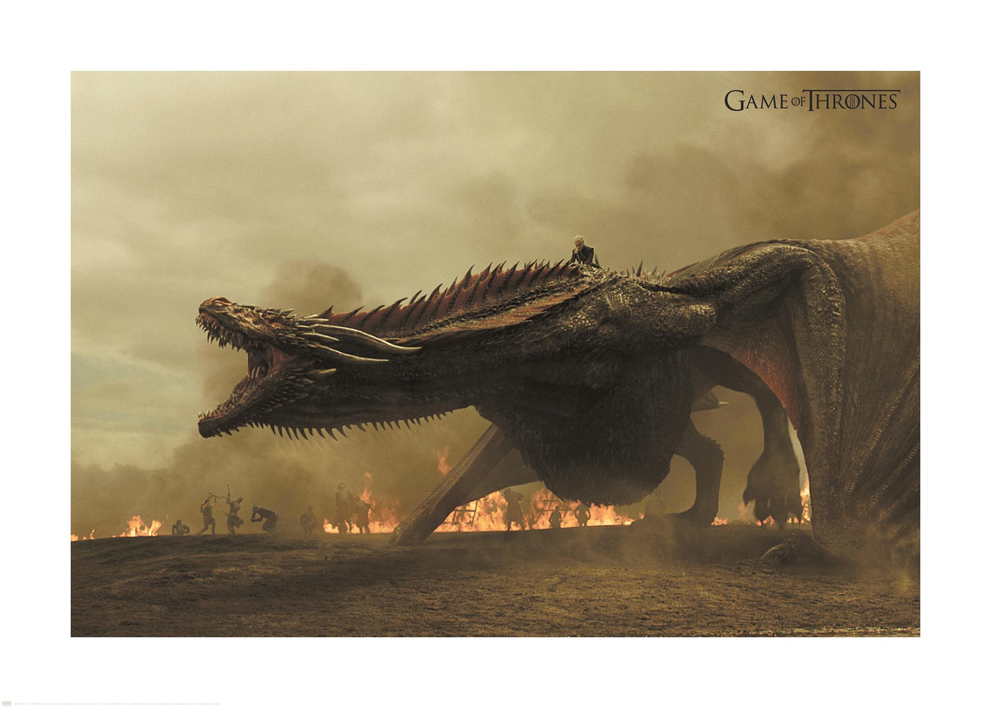 A huge dragon towers over people on a smoky battlefield in Game of Thrones