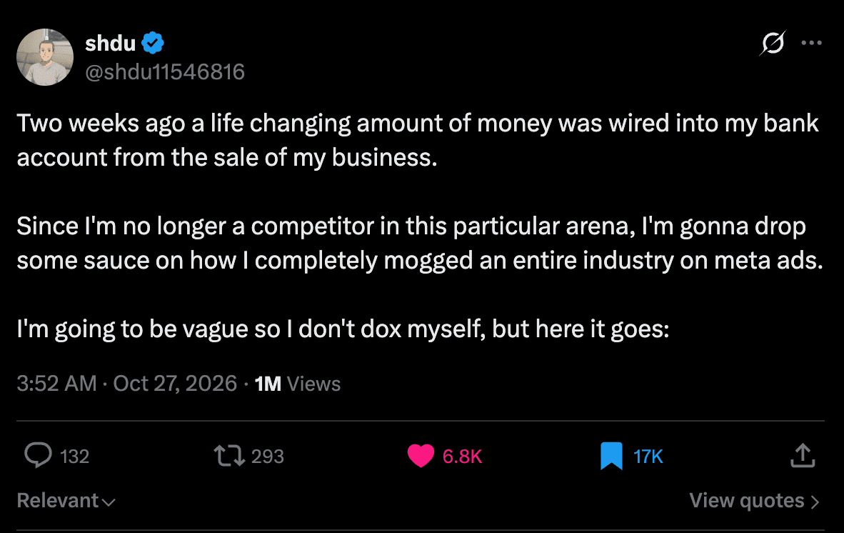 Opening X post by shdu, saying they sold a business and would explain how they used Meta ads