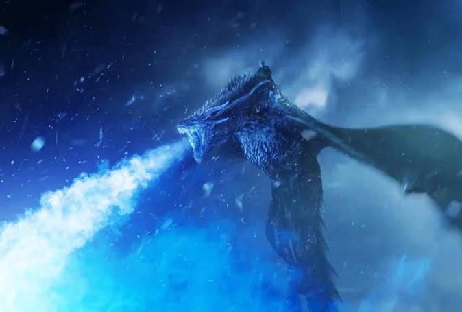 Viserion, taken by the White Walkers, breathes blue fire in Game of Thrones